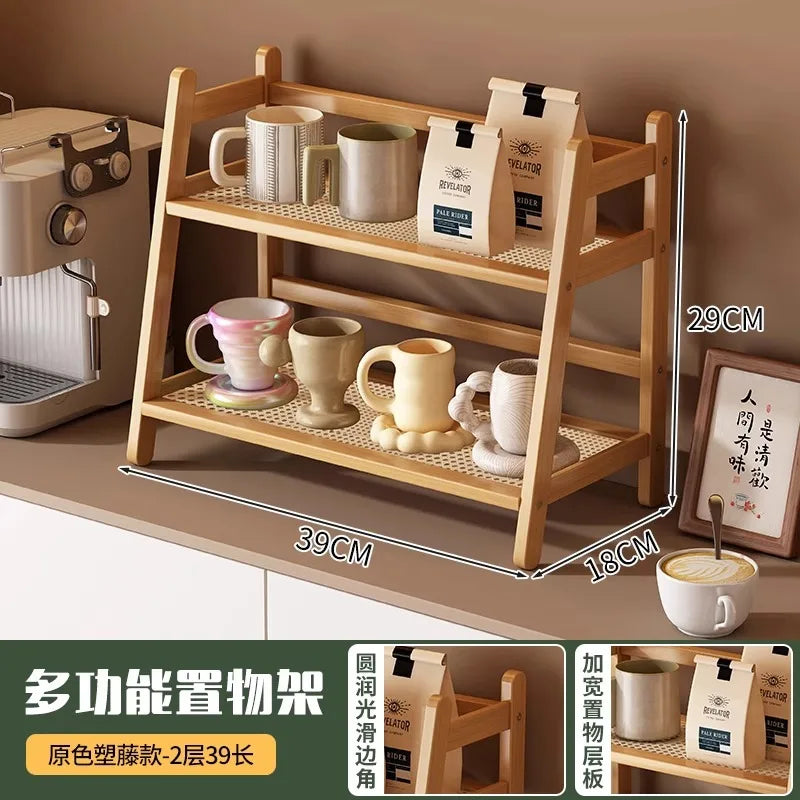 2 Layer Countertop Organizer Coffee Cup Bamboo Storage