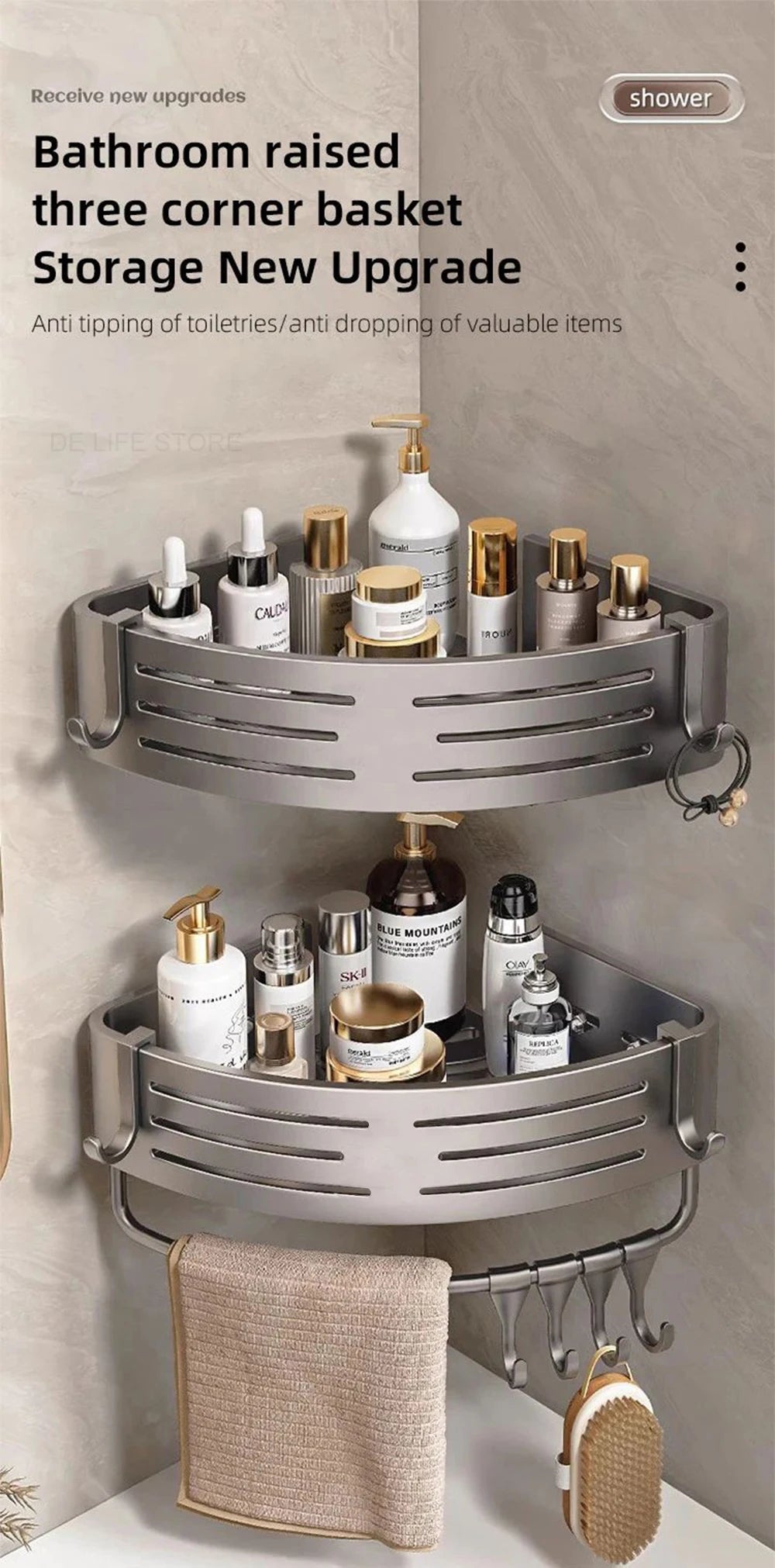 1-2PCS Bathroom Corner Shelf with Plastic Hook Towel