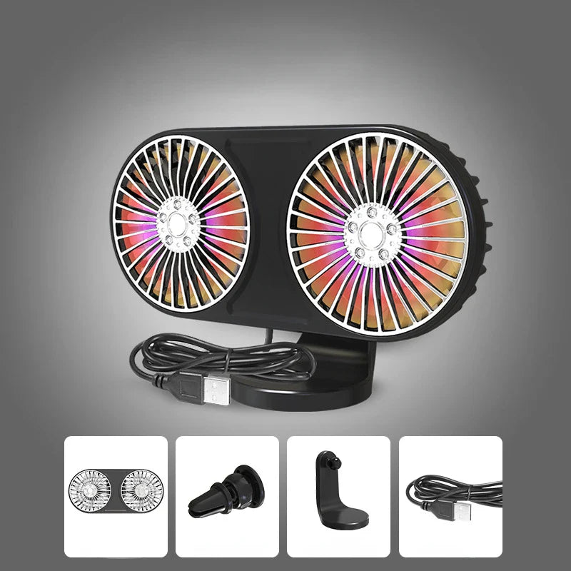 Dual-Head USB Car Fan – 3-Speed Adjustable Airflow