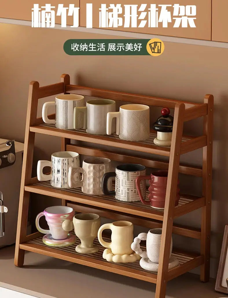 2 Layer Countertop Organizer Coffee Cup Bamboo Storage