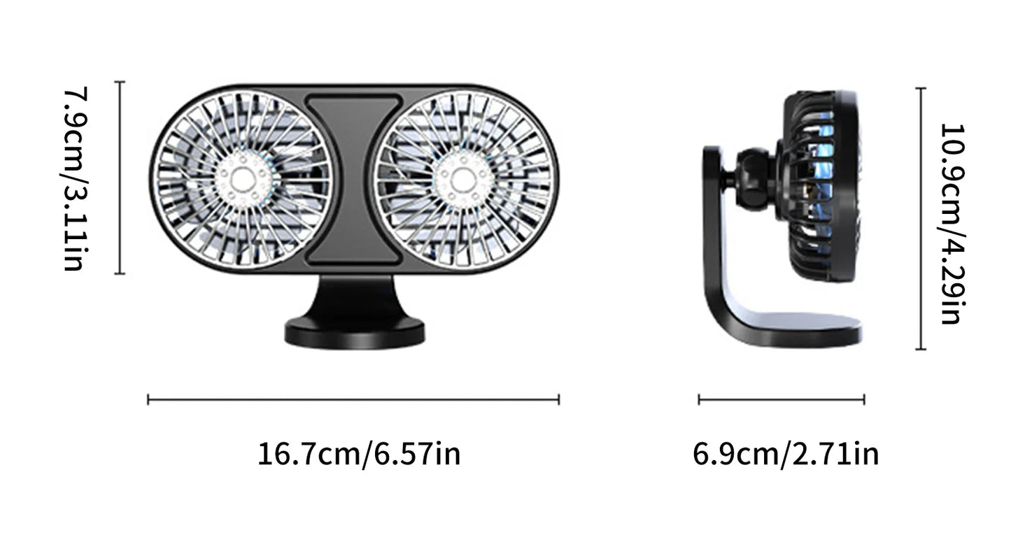 Dual-Head USB Car Fan – 3-Speed Adjustable Airflow