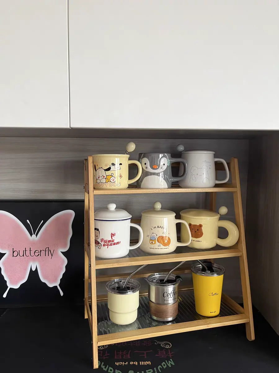 2 Layer Countertop Organizer Coffee Cup Bamboo Storage