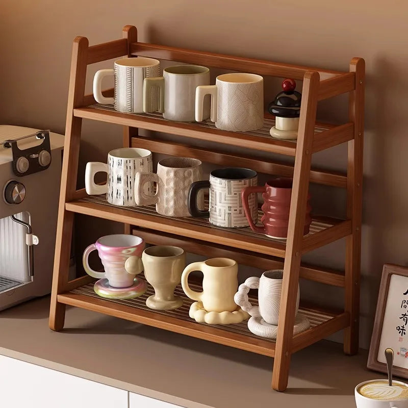 2 Layer Countertop Organizer Coffee Cup Bamboo Storage