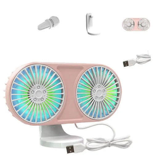 Dual-Head USB Car Fan – 3-Speed, LED & Quiet Cooling