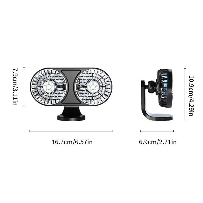 Dual-Head USB Car Fan – 3-Speed, LED & Quiet Cooling