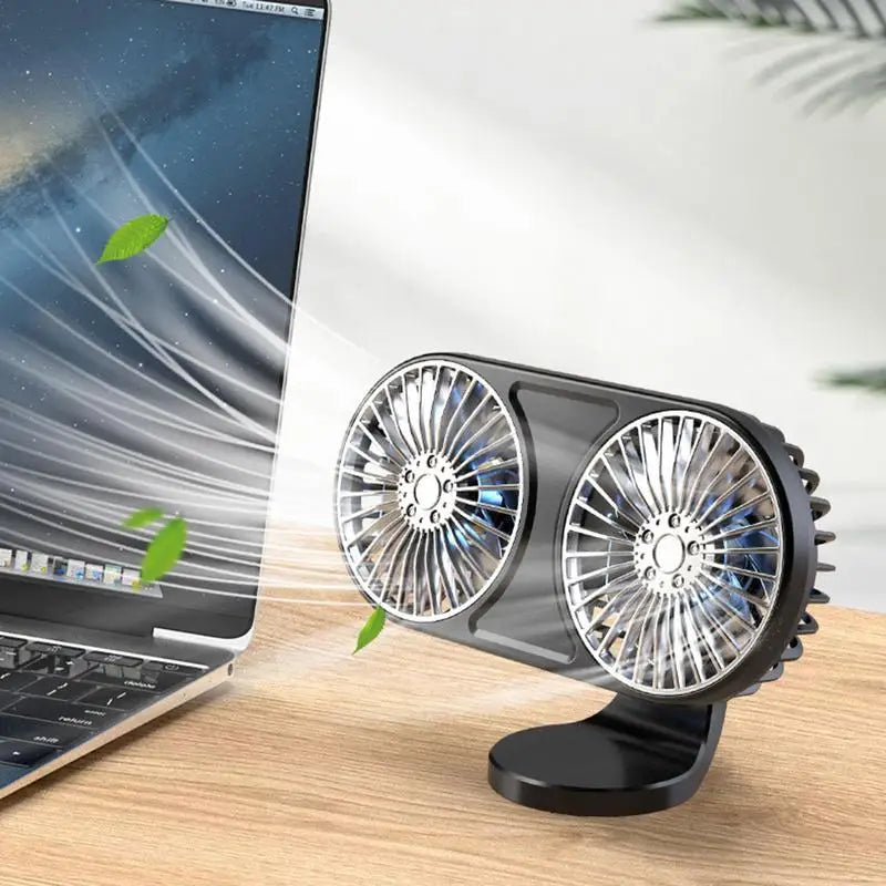 Dual-Head USB Car Fan – 3-Speed, LED & Quiet Cooling