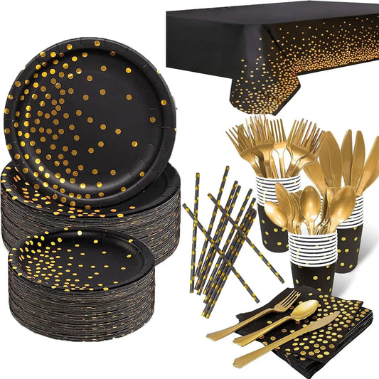 Black Gold Birthday party  Decorations Tableware Set Paper Plates Cups Napkins