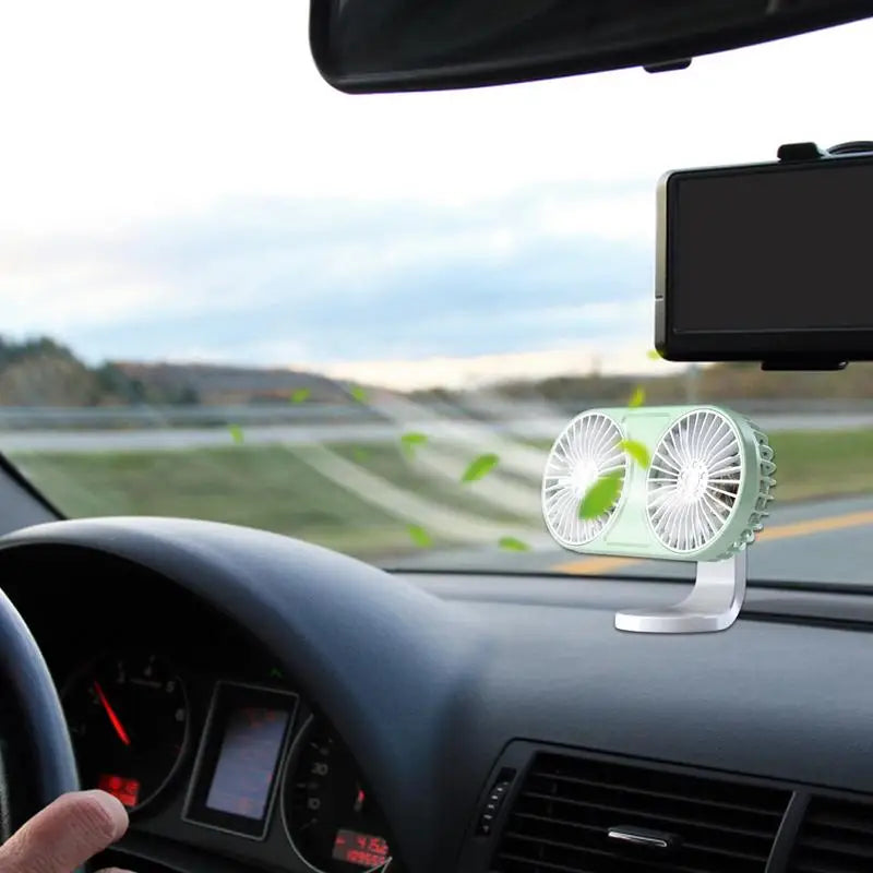 Dual-Head USB Car Fan – 3-Speed, LED & Quiet Cooling