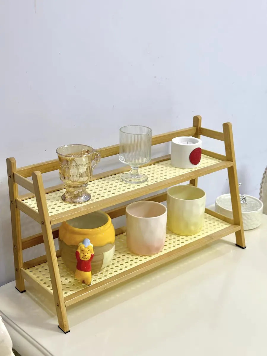 2 Layer Countertop Organizer Coffee Cup Bamboo Storage