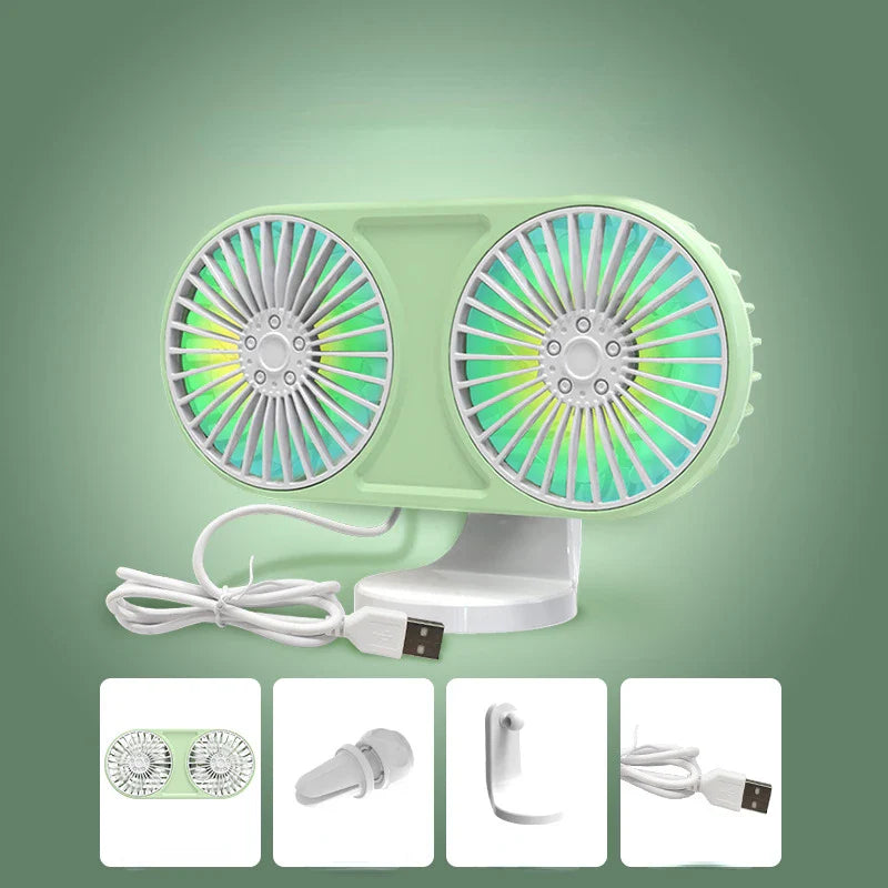 Dual-Head USB Car Fan – 3-Speed Adjustable Airflow