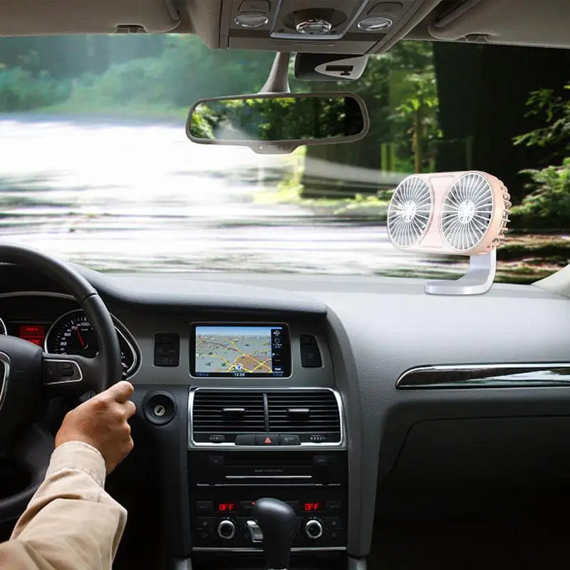 Dual-Head USB Car Fan – 3-Speed, LED & Quiet Cooling