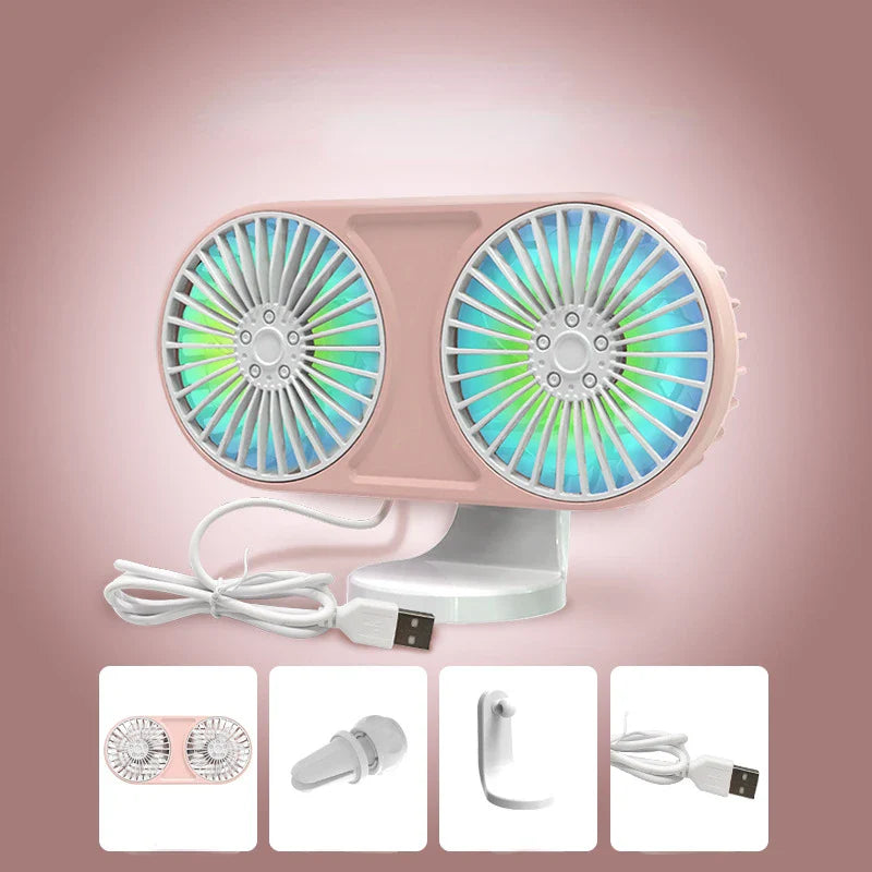 Dual-Head USB Car Fan – 3-Speed Adjustable Airflow