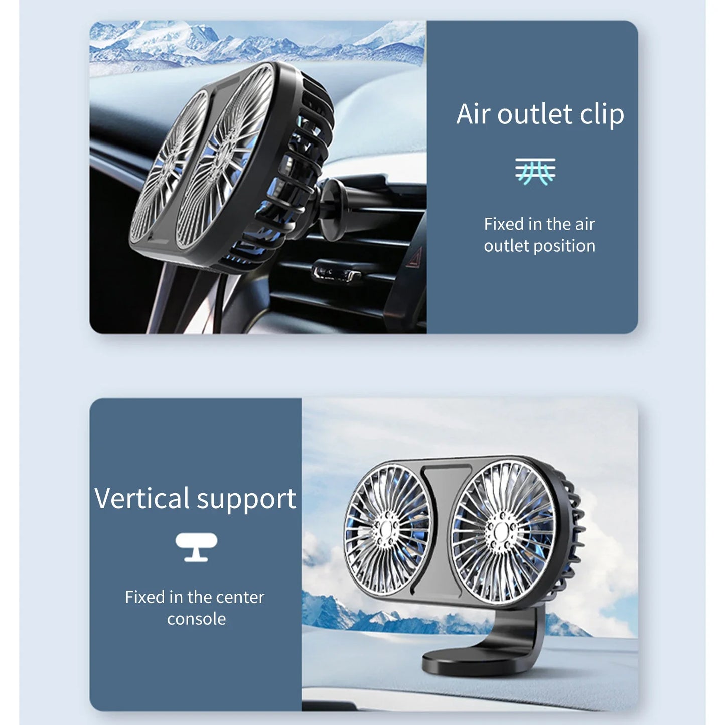 Dual-Head USB Car Fan – 3-Speed Adjustable Airflow